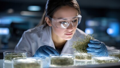 Aufkleber - A woman in a lab coat is looking at a plant in a petri dish