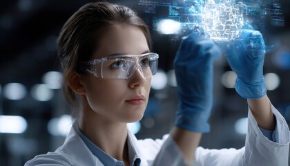 Aufkleber - A woman wearing a lab coat and blue gloves is looking at a computer screen