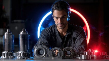 Poster - A man is working on a machine with a red and blue background