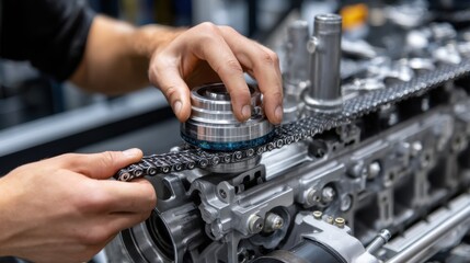 Poster - A man is working on a car engine, specifically the chain