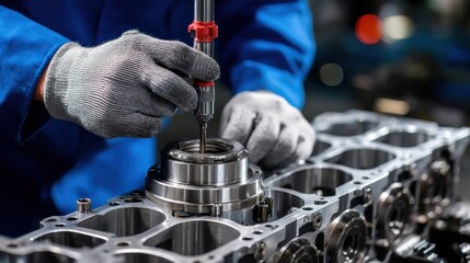 Aufkleber - A man in a blue shirt and gloves is working on a piece of machinery