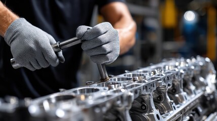 Poster - A man is working on a car engine with his hands in gloves