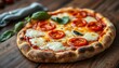 © YASUMIN - Close-up of a classic margarita pizza, cheese bubbling, on rustic wood,  snack,  culinary