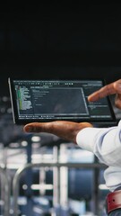 Poster - vertical video close up of programmer swiping on tablet display in data center, doing maintenance ta
