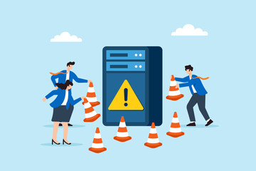 Poster - Flat illustration of three people placing warning cones around server security perimeter to prevent cyber threats with encrypted barriers