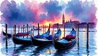 © PureStock - Colorful gondolas float on a calm Venetian canal at sunset with historic buildings and dramatic clouds in the background.
