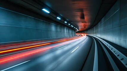Poster - Dynamic Urban Tunnel Captivating Journey Through Motion, Speed, and Light Trails of Vehicles on Curved Roads, Showcasing Modern Transportation Architecture.