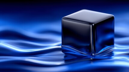 Poster - Sleek Black Cube on Blue Water  Abstract Corporate Background