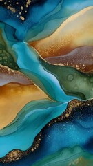 Poster - Abstract painting featuring fluid ink textures in blue, green, brown, gold, and amber tones with sparkling glitter highlights.