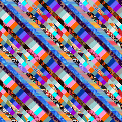 Wall Mural - Unusual seamless checkered pattern with flowers, leaves and abstract ornaments in vector. Bright design. Fabric print in boho style.