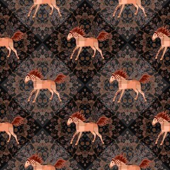 Wall Mural - Fairytale horses on ornamental dark background seamless pattern in vector. Beautiful animal print for fabric.