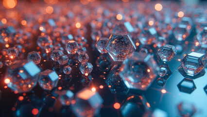 Poster - Close-Up View of Colorful Glowing Crystal Cubes and Hexagons on Reflective Surface