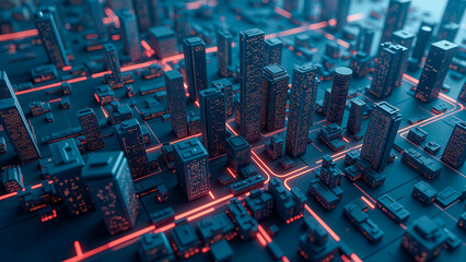 Poster - Futuristic Cityscape Model With Neon Lights and Detailed Architecture at Night