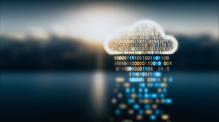 Poster - Digital Cloudscape: A luminous cloud formed from binary code hovers above a calm body of water, symbolizing data storage and network connectivity, rendered with digital precision.