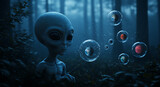 Grey Alien Contemplating Planetary Bubbles in a Dark Forest