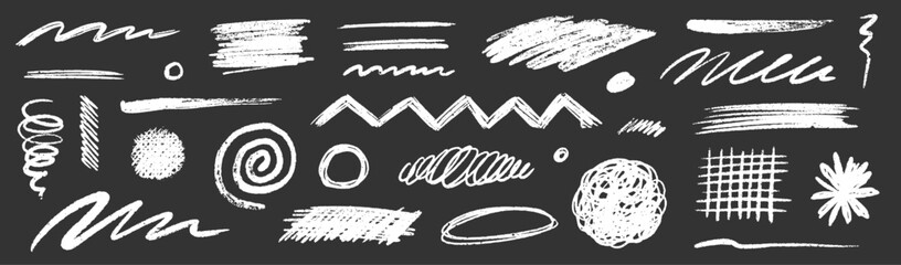 Aufkleber - Crayon chalk scribble effect texture pastel stroke element set. Hand drawn crayon pencil brush stroke texture line shape on black background. Chalk scratch hand drawn style. Vector illustration