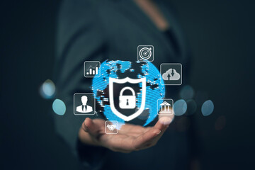 Poster - Businesswoman locking sensitive financial data for cyber security protection. cyber security concept User Privacy Security and Encryption Future technology and cybernetics lock screen key..