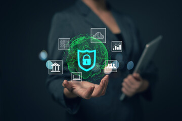 Poster - Businesswoman locking sensitive financial data for cyber security protection. cyber security concept User Privacy Security and Encryption Future technology and cybernetics lock screen key..