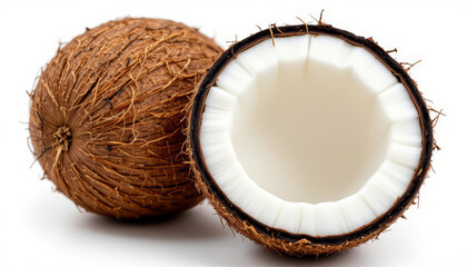 Fresh coconut and halved coconut reveal creamy interior , isolated on white background