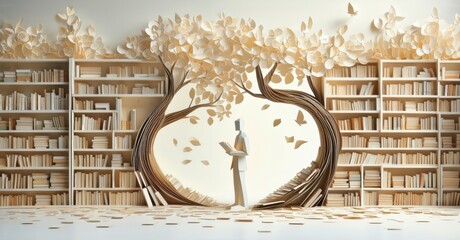 Aufkleber - Papercraft library scene. Books form tree, figure stands within. Light radiates from opening, creating calm atmosphere.