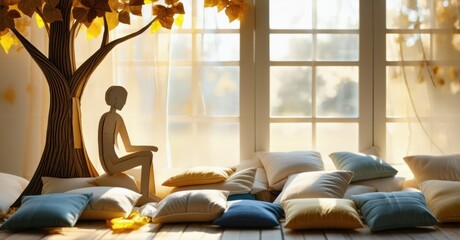 Poster - Cozy room features figure near tree, surrounded by many soft pillows. Sunlight streams through window creating warm atmosphere.