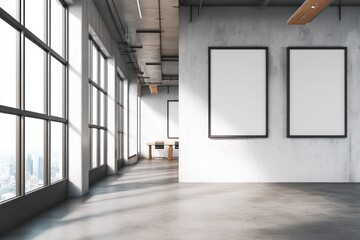 Fototapete - Bright open office with concrete surfaces, natural light, and whiteboard frames for organization.