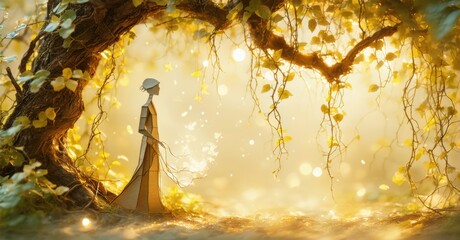 Poster - Mystical figure stands within tree branches. Golden light filters through leaves, creating ethereal scene. Soft glow surrounds form.