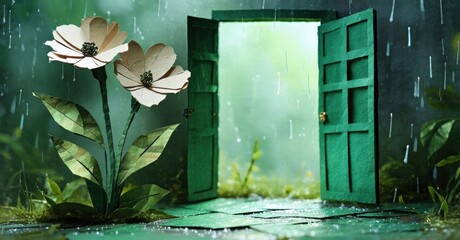 Aufkleber - Paper flowers bloom near open doorway. Rain falls upon stone path, creating whimsical scene. Light shines beyond portal.