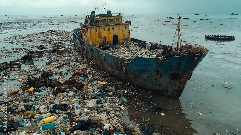 Derelict ship overflowing with plastic waste in shallow coastal waters ...