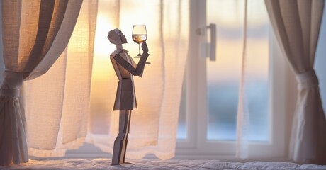 Poster - Paper figure holds drink near window. Soft light creates warm, dreamy atmosphere. Minimalist style, elegant composition.