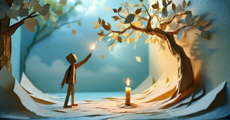 Poster - Papercraft figure lights candle. Autumn leaves fall gently. Soft light illuminates simple landscape. Peaceful, quiet scene evokes hope.