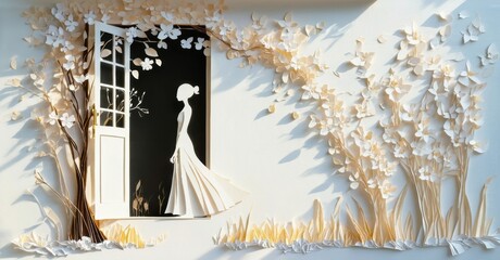 Aufkleber - Papercraft scene depicts woman near doorway. Floral elements surround opening, creating whimsical aesthetic. Light highlights textures.
