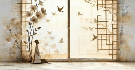 Aufkleber - Minimalist scene. Person gazes toward open doorway, birds fly amidst floral patterns, soft lighting creates serene mood.