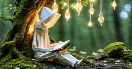 Poster - Origami figure reading book near mossy tree. Soft lights illuminate peaceful forest scene. Quiet contemplation, artistic creation.