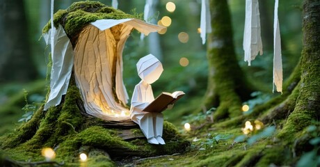 Aufkleber - Paper figure reading inside mossy tree hollow. Soft light illuminates scene, creating magical forest atmosphere. Peaceful, quiet moment.