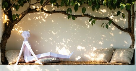 Poster - Paper figure rests on bench. Sunlight filters through leaves creating shadows, peaceful outdoor scene. Simple design, calming aesthetic.