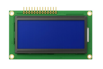 Poster - Lcd screen showing solid blue color, mounted on a green circuit board with gold connectors, isolated on transparent background