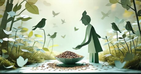 Aufkleber - Stylized illustration depicts person offering seeds to birds. Lush foliage surrounds scene, creating peaceful atmosphere. Light shines brightly.