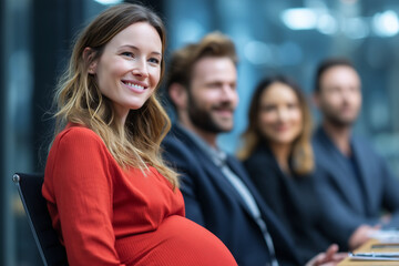 Poster - A woman in a red dress is sitting in a meeting with other people. She is smiling and she is happy