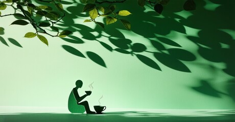 Aufkleber - Silhouette enjoys beverage near water. Leaves cast shadows, creating peaceful scene. Minimalist style, green tones dominate composition.