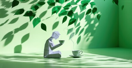Poster - Origami figure enjoys warm beverage. Light creates leafy shadows, peaceful scene. Minimalist aesthetic, calming colors present.