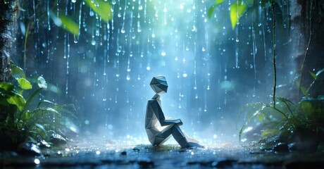 Aufkleber - Low poly figure sits amid lush foliage. Rain falls, creating moody atmosphere. Blue tones dominate scene, evoking solitude.