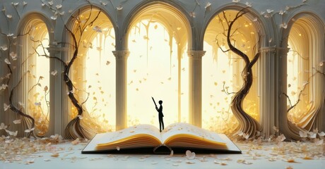 Aufkleber - Open book forms surreal landscape. Tiny figure stands amidst arches, trees, falling petals. Dreamlike, ethereal scene evokes fantasy, imagination.
