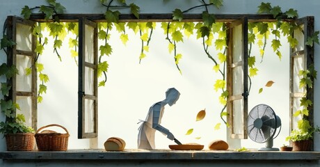 Poster - Window scene depicts figure preparing food. Baskets, bread, plants, fan present. Bright sunlight filters through foliage. Peaceful, still life composition.