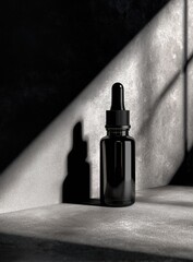 Wall Mural - dark glass dropper bottle sits on a grey surface, dramatically lit by a diagonal sunbeam casting a d