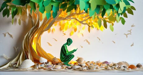 Poster - Papercraft scene depicts figure under tree. Shells form ground, birds fly. Warm light shines through leaves, creating serene mood.