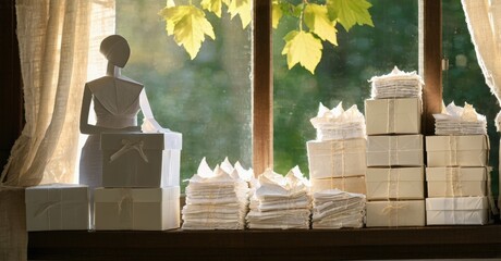 Poster - Paper figures, boxes, stacks near window. Soft light creates warm, intimate scene. Minimalist aesthetic, delicate details present.