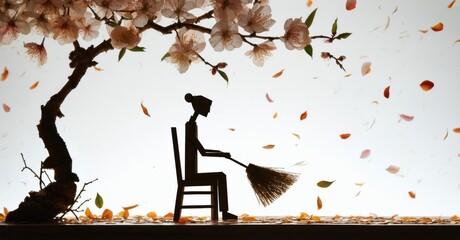 Aufkleber - Silhouette depicts person sweeping fallen petals. Chair positioned beneath blossoming tree. Soft lighting creates serene mood.