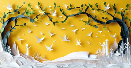 Aufkleber - Papercraft scene depicts trees, birds, people. Golden background creates whimsical, serene atmosphere. Minimalist style, delicate details.