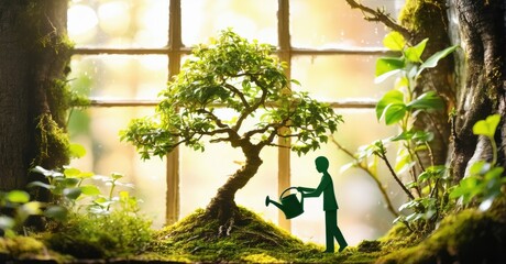 Poster - Miniature world depicts person watering small tree near window. Moss covers ground, creating whimsical scene. Light filters through glass.